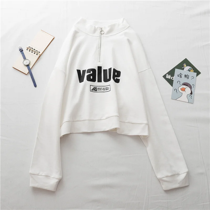 Толстовки женские с воротником-стойкой универсальные корейский стиль Harajuku толстые теплые студенческие короткие стильные пуловеры для отдыха на молнии с буквами - Цвет: white thicker