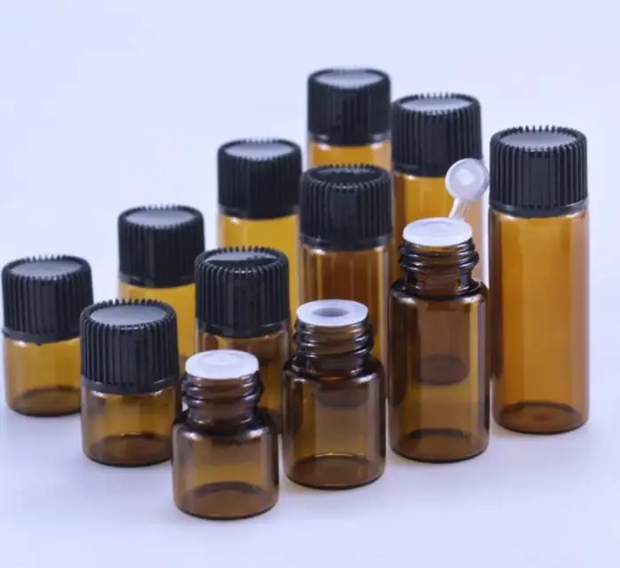 50PCS 1ml 미니 앰버 유리 빈 에센셜 오일 병 항아리 샘플 바이알 브라운 리필 가능 병(오리피스 리듀서 및 캡 포함)