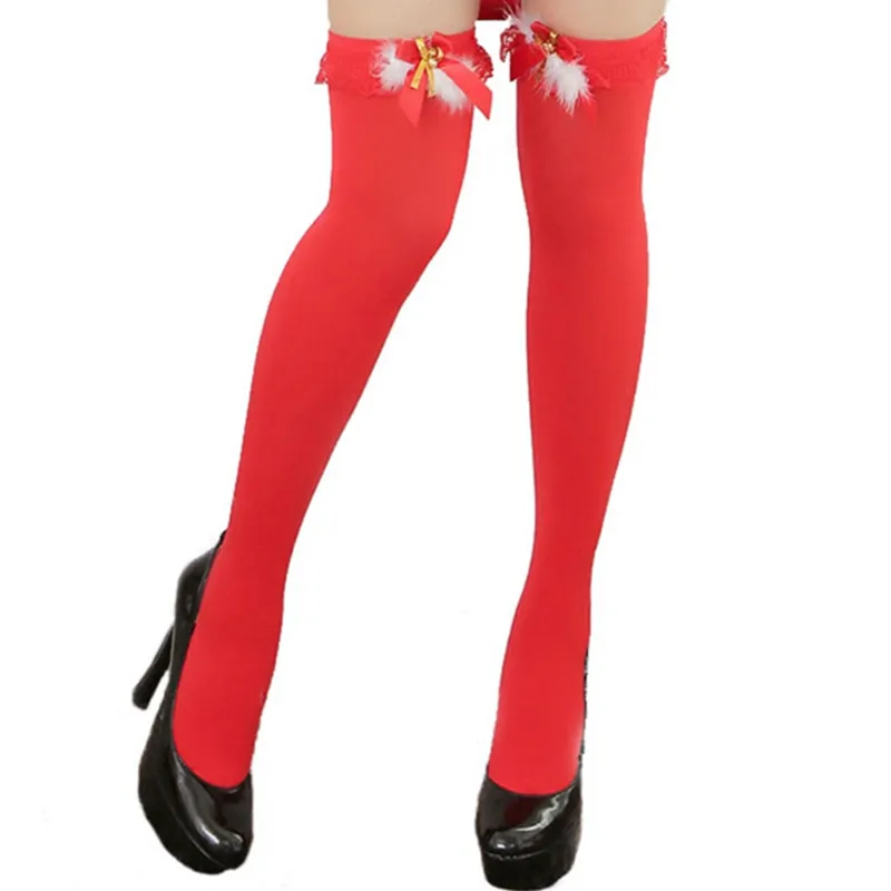 Red Stockings Ohyeahlady/рождественские чулки до бедра с милыми перьями и колокольчиками; Calcetines Altos Mujer; пикантные женские модные эластичные чулки с бантом для косплея; J2021 - Цвет: Red Stockings