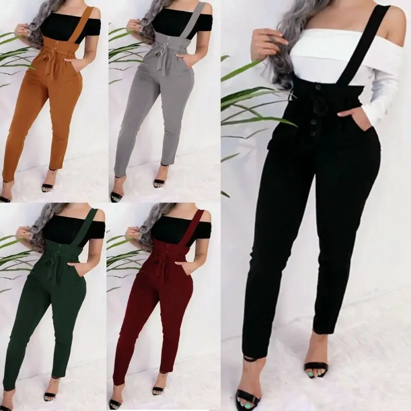 2020 Mujeres Mamelucos Cintura Alta Botones Con Volantes Largo Pantalones Moda Dama De Negro Correa Pantalones Lapiz Mujer Chaquetas Aliexpress