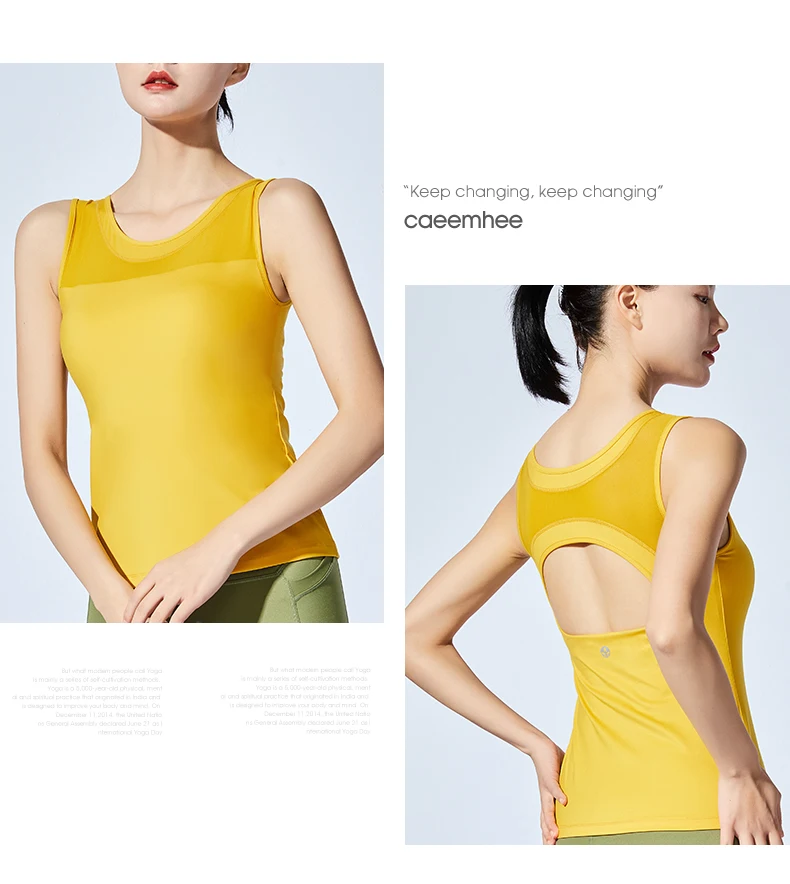 CAEEMHEE Women Hollow Out Mesh Yoga Tank Top Padded Sleeveless Workout Tops Fitness Shirts Sportswear Quick Dry Running Gym Vest