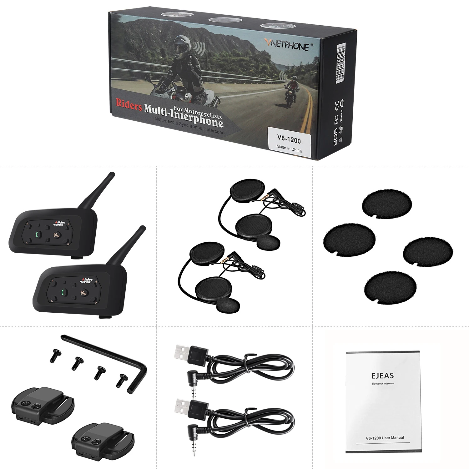 2 шт. V6 1200 м беспроводной Мотор шлем гарнитуры для Bluetooth домофон Поддержка 6 всадников gps Wi-Fi IP65 Водонепроницаемый шумоподавление