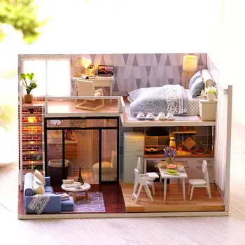 

Christmas Gifts DIY Doll House Wooden Doll Houses Miniature Dollhouse Furniture Kit with LED Toys Dust Cover For children Adult