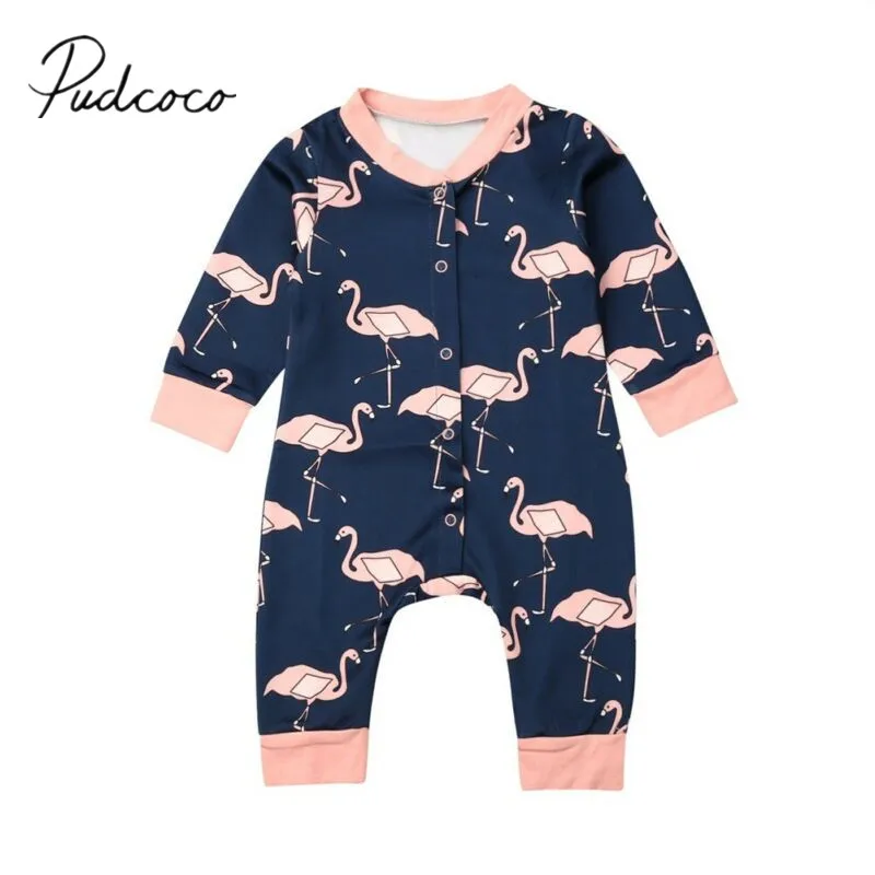 

2019 Baby Spring Autumn Clothing Newborn Baby Boy Girl Flamingo Romper Long Sleeve Jumpsuit Cartoon Patchwork Outfit Clothes