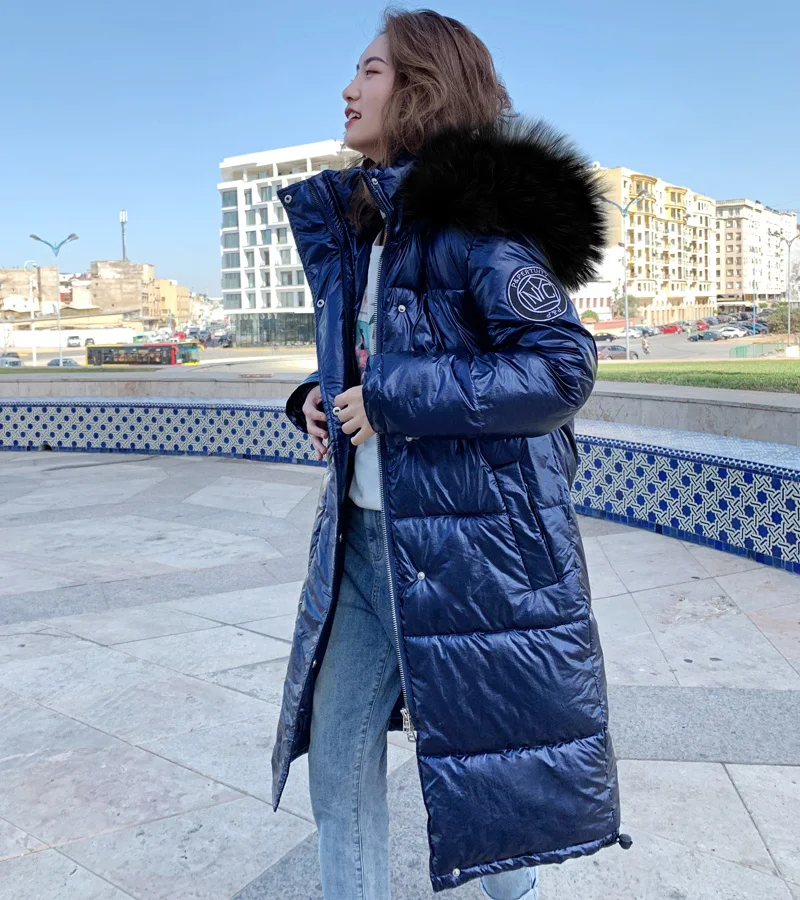 High Quality New Winter Jacket Women Warm Thicken Hooded With Fur Long Coat Shining Fabric Stylish Female Parka