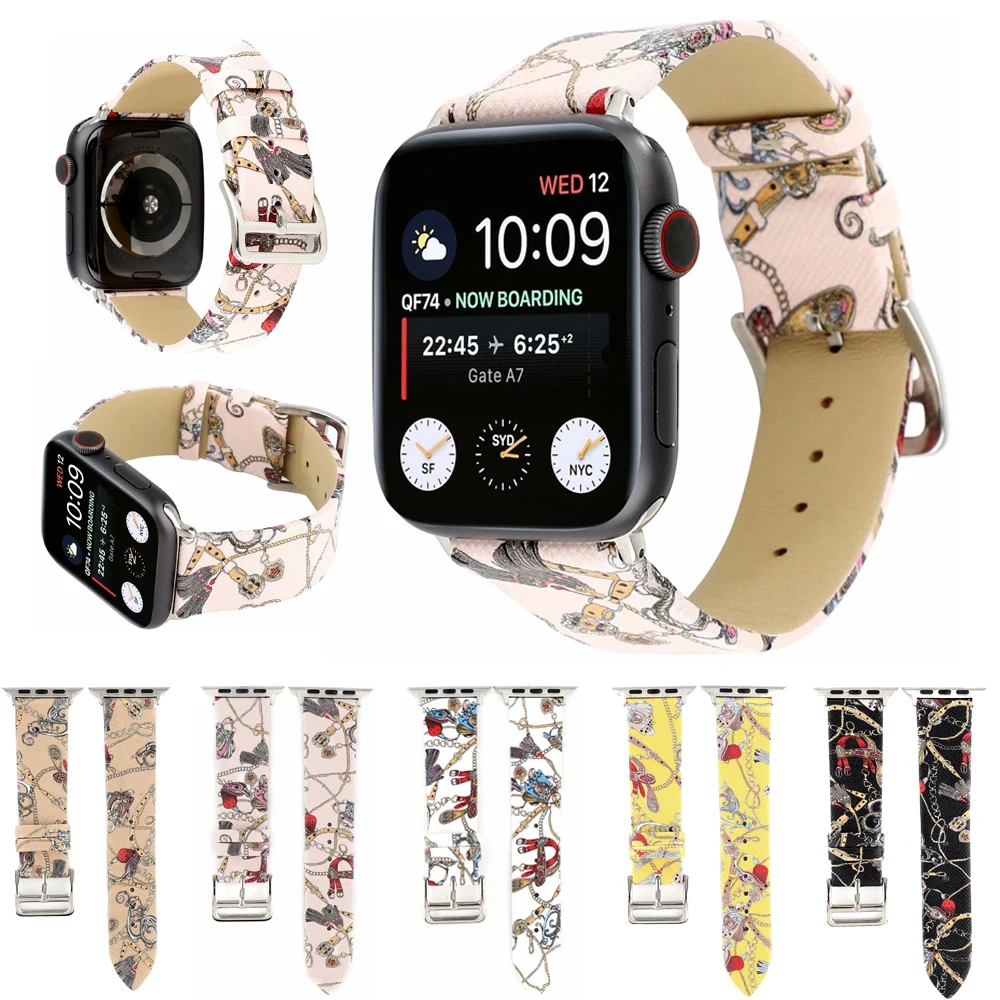 

Chain Flower Pattern Leather Strap for Apple Watch band 5 4 44mm 40mm Sport Bracelet For iWatch Series 3 2 1 42mm 38mm Watchband