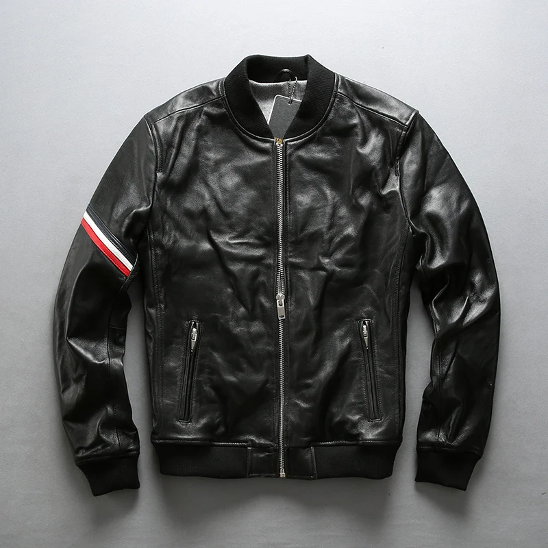 

AVIREX FLY men's slim fit Baseball uniform black sheepskin genuine jacket men fashion Fold real leather coat male