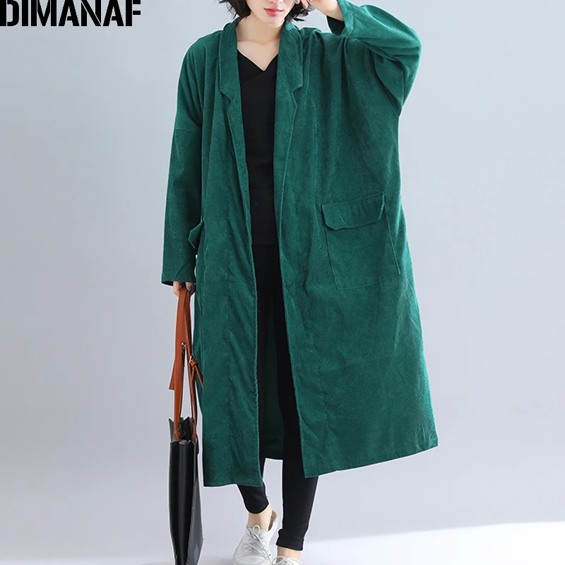 discount DIMANAF Women Jackets Plus Size Long Coat Corduroy Autumn Winter Big Size Cardigan Female Clothes L