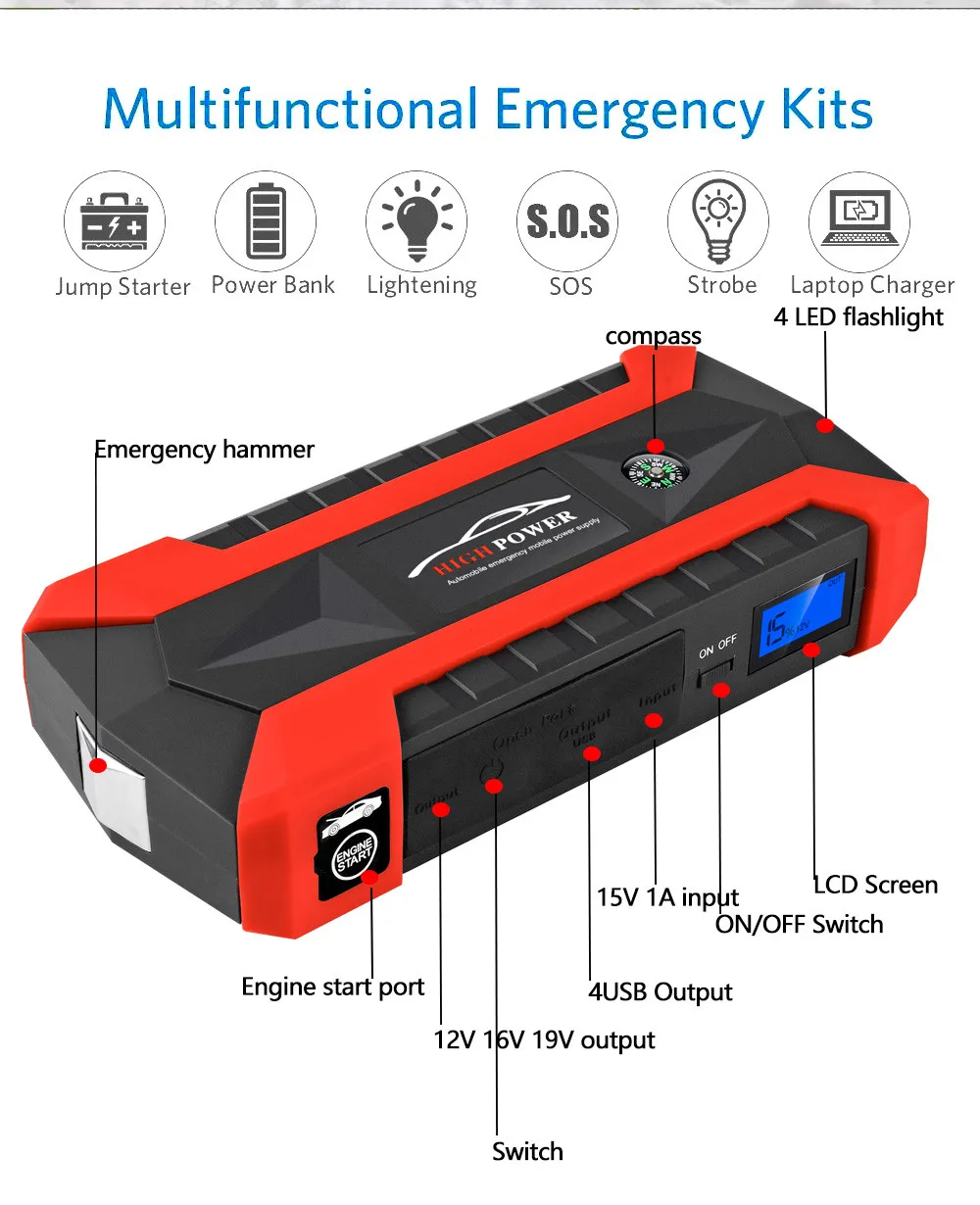 США 89800 мАч 12 В ЖК-дисплей 4 USB автомобильный пусковое устройство зарядное устройство автомобильное зарядное устройство Buster power Bank плата