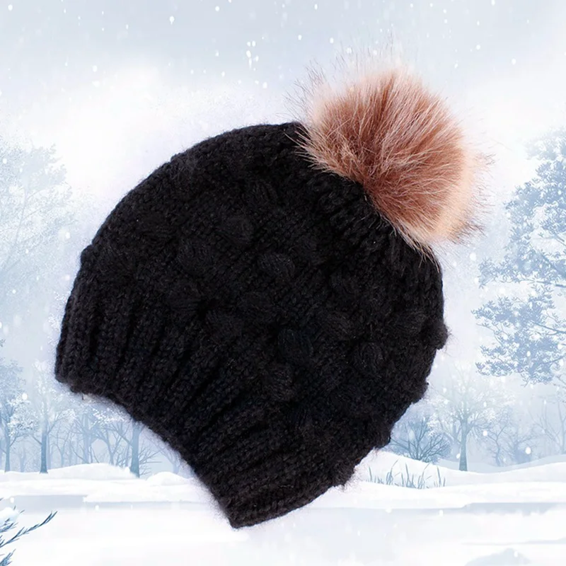Родитель-Детские шапочки с помпоном теплый мех енота Bobble Mommy Beanie шапки Дети хлопок вязаный мама детская зимняя шапка шапки