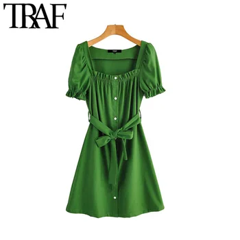 

TRAF Women Vintage Stylish Buttoned Bow Tie Sashes Mini Dress Fashion Square Collar Short Sleeve Female Dresses Vestidos Mujer