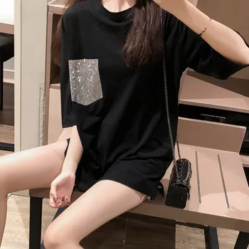 

Women's T-shirt street summer fashion casual solid color short sleeve round neck personality sequin pocket women's T-shirt top