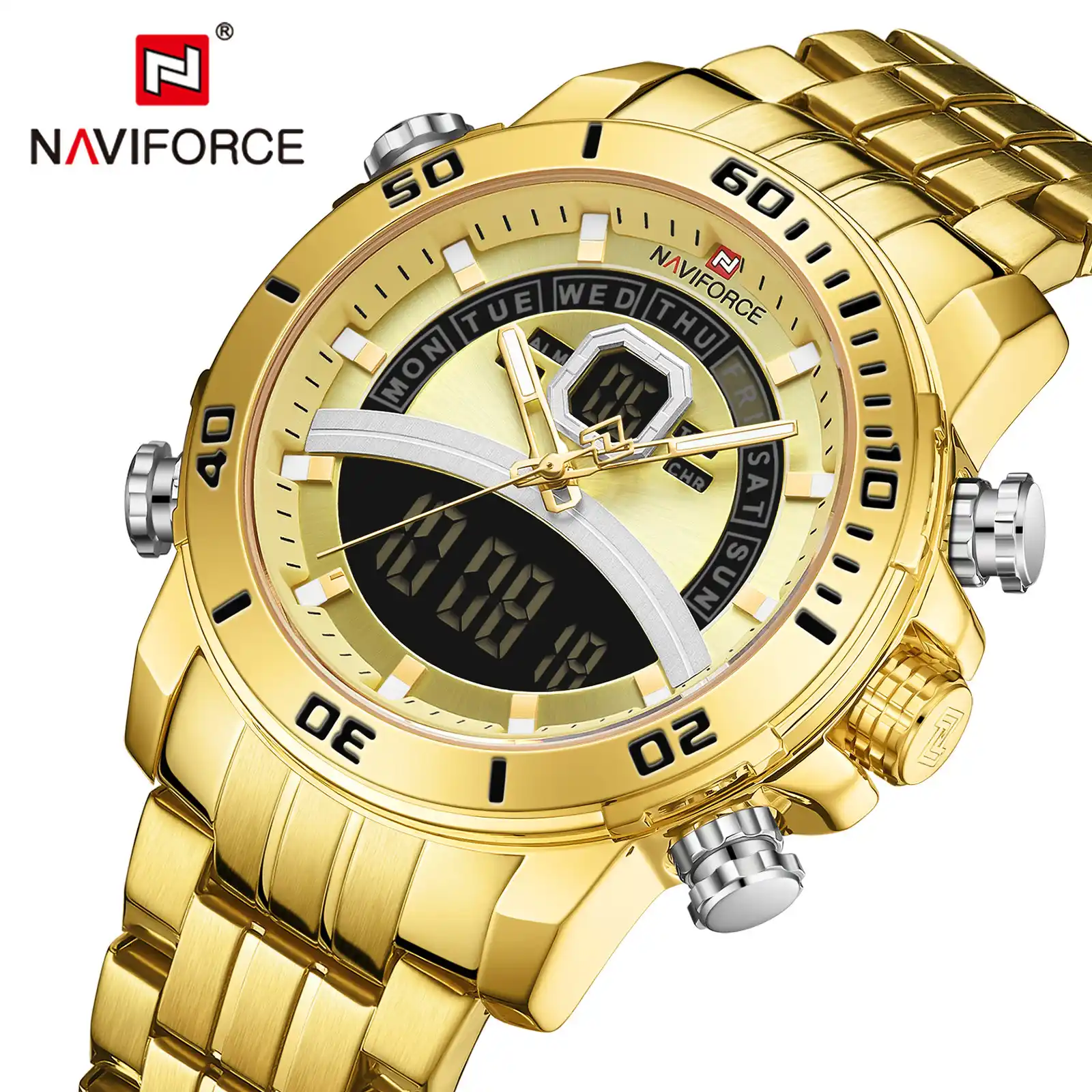 Naviforceデジタル腕時計メンズスポーツ腕時計メンズ高級ブランドゴールド腕時計スチールストラップデュアル時間レロジオmasculino 9181 クォーツ時計 Aliexpress