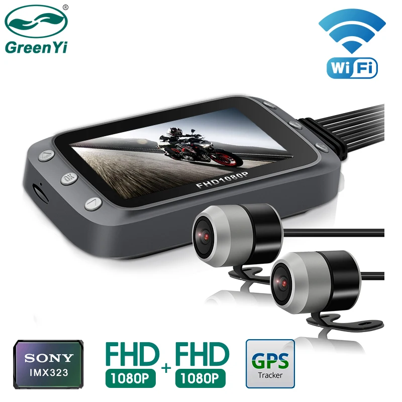 GreenYi Wi Fi Видеорегистраторы для мотоциклов Dash Cam 1080P + Full HD спереди и вид сзади