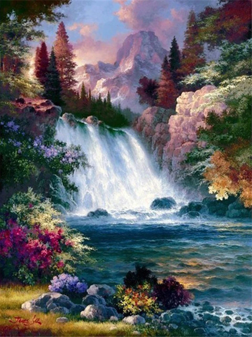 thumbnail image 1 of Pintura personalizada por números DIY, paisaje de montaña y cascada, pintura acrílica sobre lienzo para decoración del hogar, 40 x 50 cm, 1 of 5