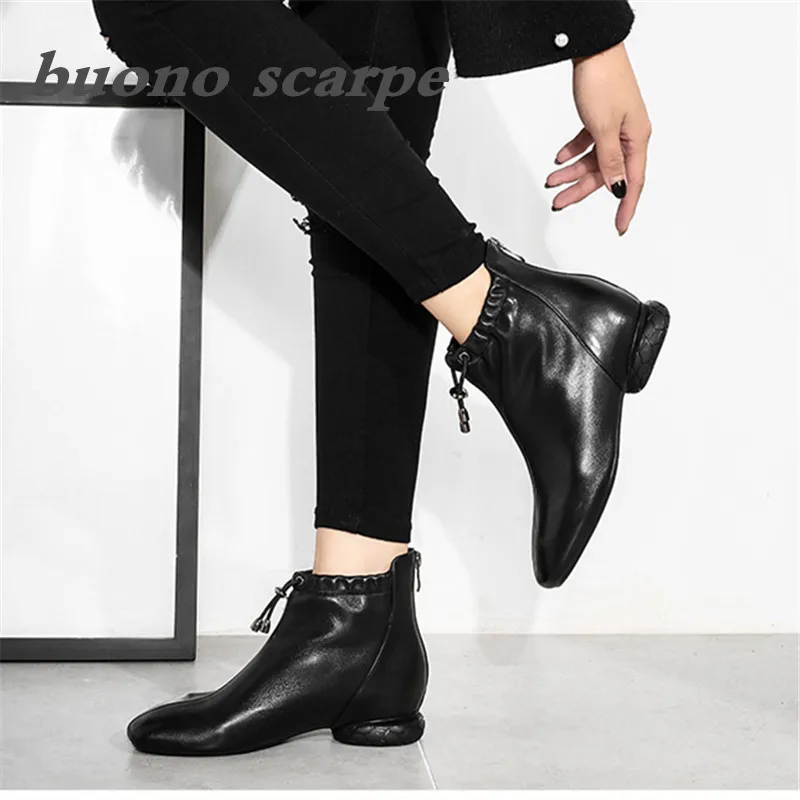 

2019 new autumn and winter retro leather cowhide square head casual solid color flat boots