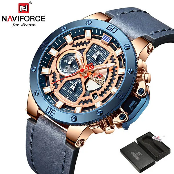 NAVIFORCE часы, топ бренд, Роскошные военные кварцевые часы для мужчин, хронограф, кожа, водонепроницаемые часы, мужские часы - Цвет: Blue With Box