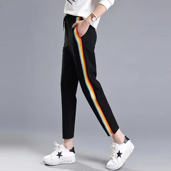

2019 Autumn Spring Casual Colorful Rainbow Side-stripe Pants Female M-2XL Loose Elastic Waist Chic Pockets Women's Pants Summer