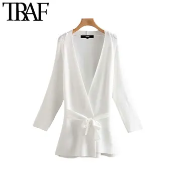 

TRAF Women Vintage Elegant Bow Tie Sashes Loose Knitted Cardigans Sweater Fashion V Neck Long Sleeve Female Outerwear Chic Tops