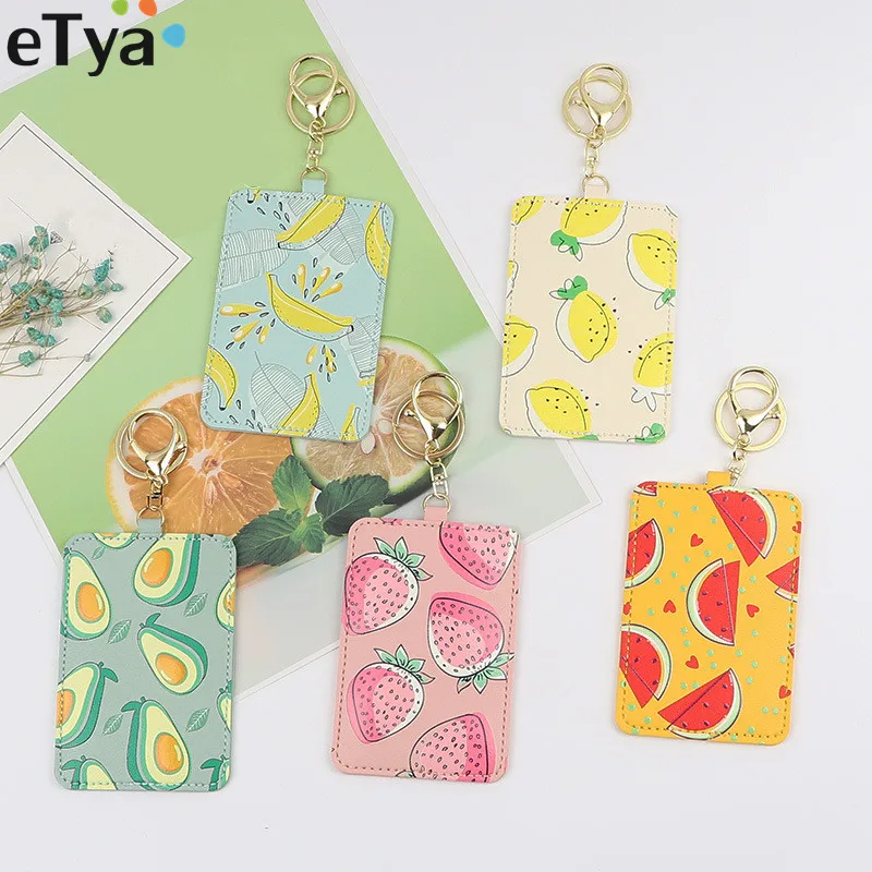 

eTya Summer Fruit Flower Credit Card Holder Women Lady Female Leather ID Bus Card Bag Wallet Pouch With Key Chain Ring