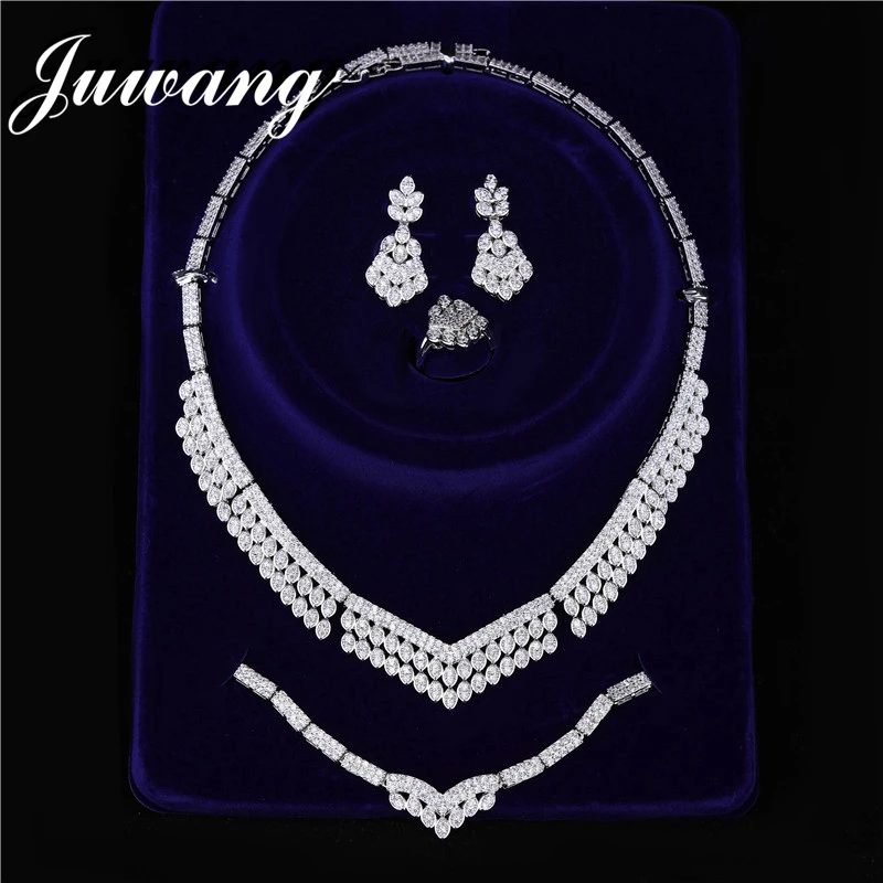 JUWANG 4 шт. ювелирные комплекты dubai Свадебные Цепочки и ожерелья серьги, браслет, кольцо ювелирные изделия с блестящими стразами; свадебные женские ювелирные украшения на свадьбу