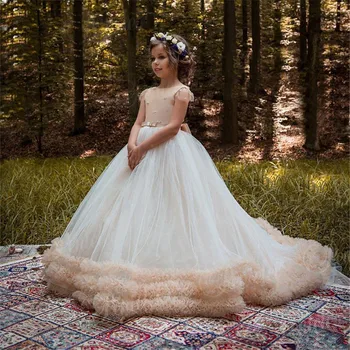 

Flower Girl Dresses Fluffy Sleeveless Lace Applique Cascading Tulle First Holy Communion Gowns For Girls Pageant Dresses