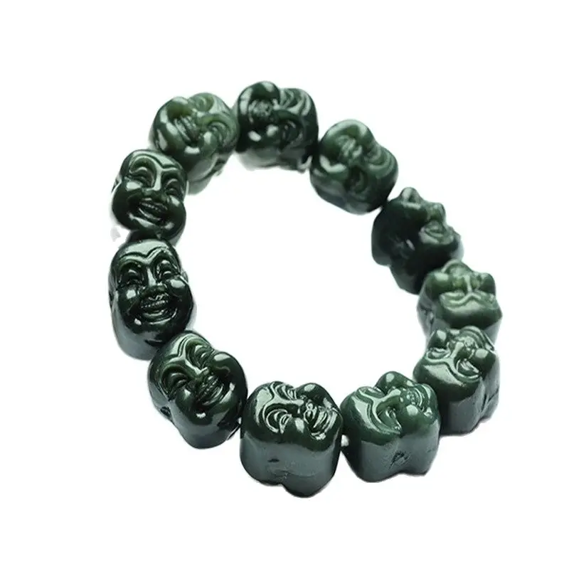 

Chinese Hand Carved Jade Buddha Head Bead Natural Hetian Jade Bracelet