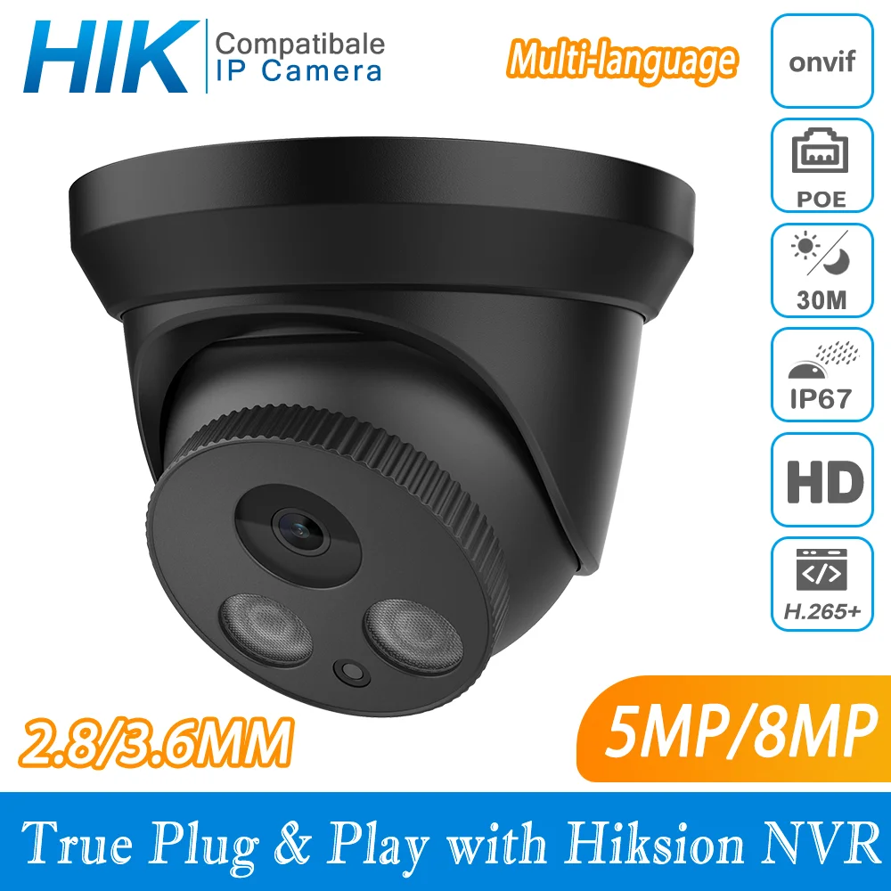 Hikvision Compatibile Colore Nero Dome Poe Ip Camera 8Mp Security Cctv Camera 1080P Ir 30M H.265 P2P Plug & Play Security Ipc
