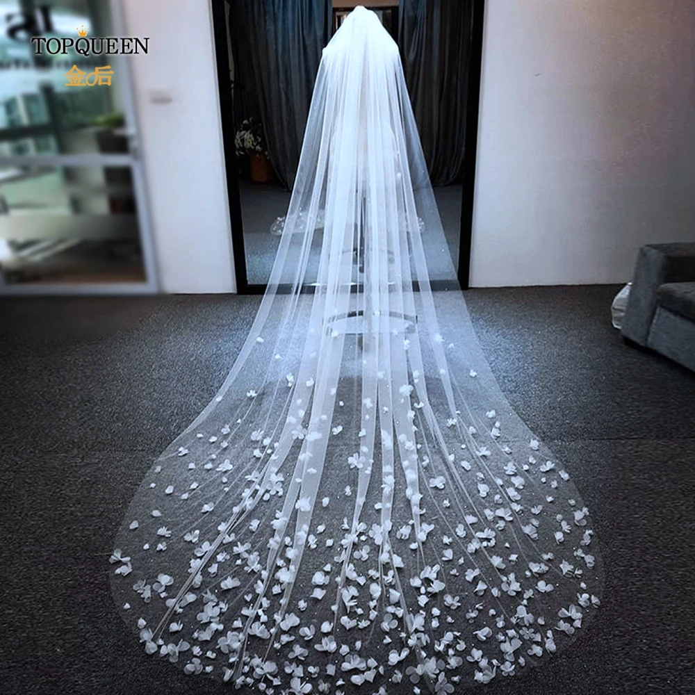 TOPQUEEN V20s 3D Flowers Wedding Veil Luxurious Bridal Veils Wedding Long Veu Bride 5 Meters Cathedral Drop Veil Pure White VEIL 2019 new 3 meters one layer lace tulle long wedding veil new white ivory 3 m bridal veils with comb velos de novia