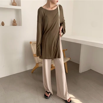 

Korean Style Fashon Women's Sets Spring New 2020 Long Sleeve Split T-shirt Women Solid Color Casual Wide Leg Pants Two Pieces