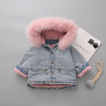 

2020 Thick Warm Infant Girls Winter Coats Fur Hood Jeans Parka Kids Fleece Jacket Boys Toddler Zipper Children Clothes Outerwear