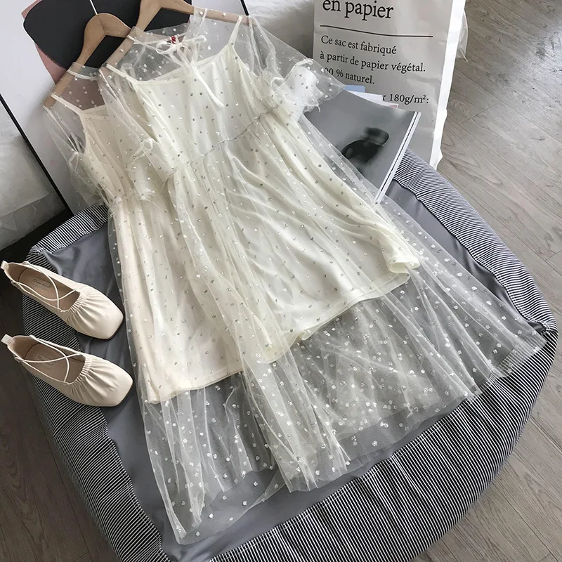 

Stock WOMEN'S Dress Processing Autumn And Winter Versatile Fine Mesh One Piece Long Skirts Solid Color Strapped Dress Two-Piece
