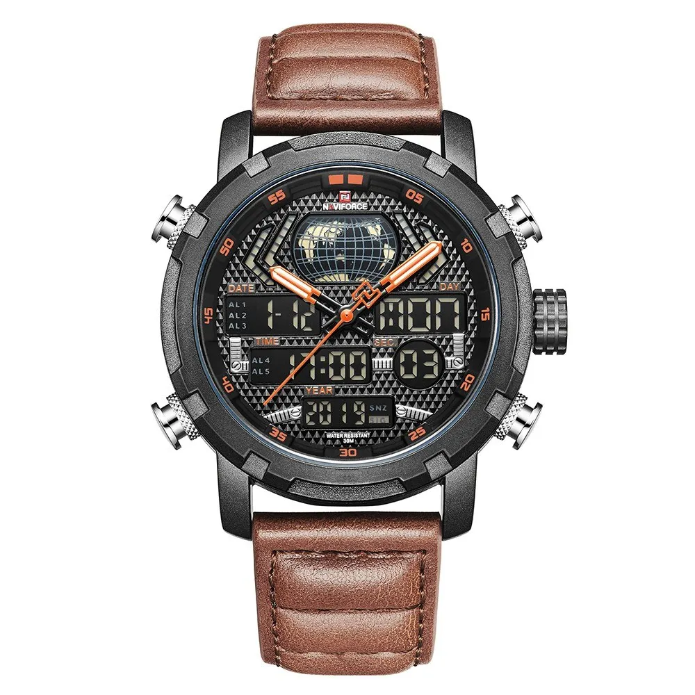 

NAVIFORCE 9160 Man Quartz Watch Dual Time Display Day Month Year Dials Waterproof Night Mode Function Male Wristwatch