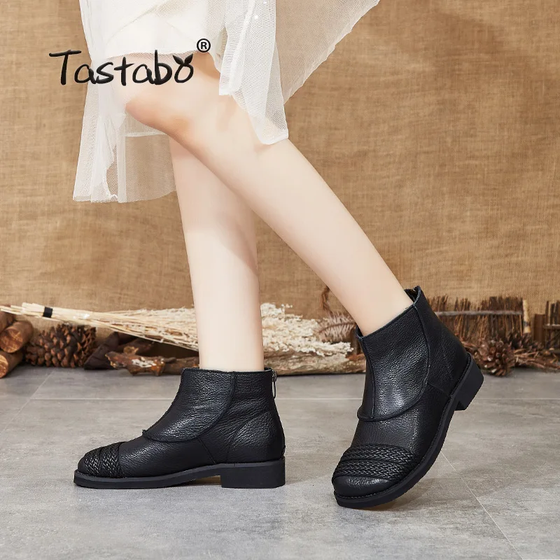 Tastabo Genuine Leather ladies ankle boots Hand-knit style Women's boots Brown Black SH708 Low heel Soft Women's shoes Casual
