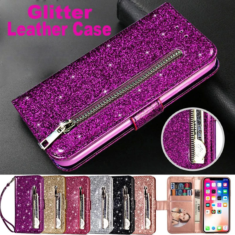

Luxury Bling Glitter PU Leather Flip Zipper Wallet Case For Huawei P30 P20 Pro Mate 20 lite 20 Pro P30 Lite With Wrist Strap