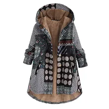 Женская куртка, плюшевое пальто, Женское пальто с цветочным принтом, теплая верхняя одежда, цветочный принт, с капюшоном, с карманами, Ретро стиль, больше размера, пальто размера плюс