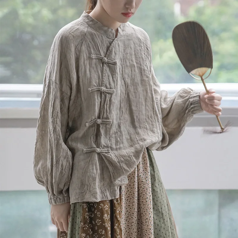 Johnature Women Vintage Loose Shirt Wrinkled Linen Stand Long Sleeve