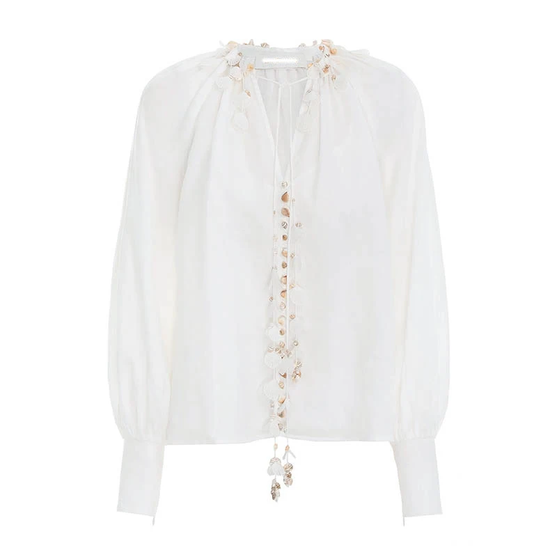 Women Lantern Sleeve White Ramie Appliques Top white t shirt women