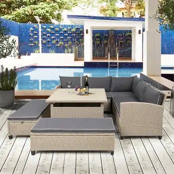 

6 IN 1 Garden Furniture Set 2 x Seat 2 x Bench 1 x Corner Sofa 1 x Table Combination USA Free Shipping