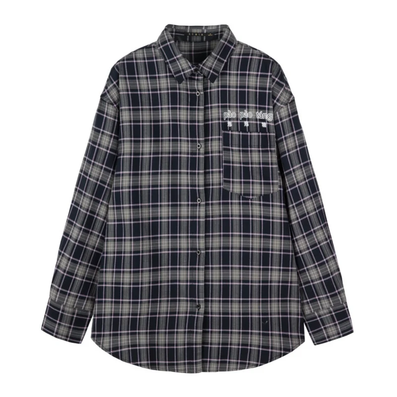 SEMIR женская блузка с длинным рукавом, осень, новая рубашка с вышитым принтом, студенческий винтажный клетчатый Свободный Топ - Цвет: blue