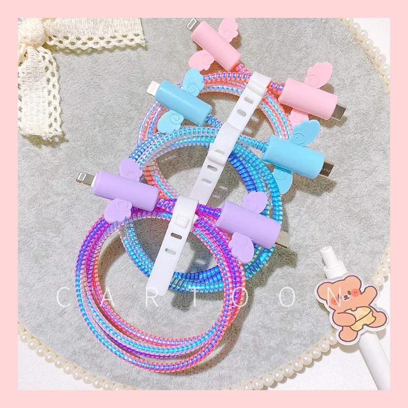 

Angel Wings Cable Protectors Set For iPhone 12 Fast Charging 20W USB Data Cable Line Protection Plating Sprial Cable Protective