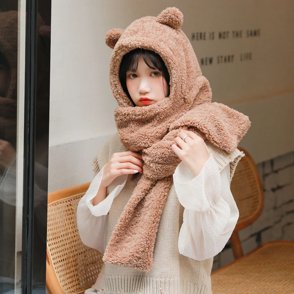 Зимний милый медведь шапка шарф Толстый модный плюшевый теплый шарф Студенческая девочка медведь шапка шарф Толстый модный