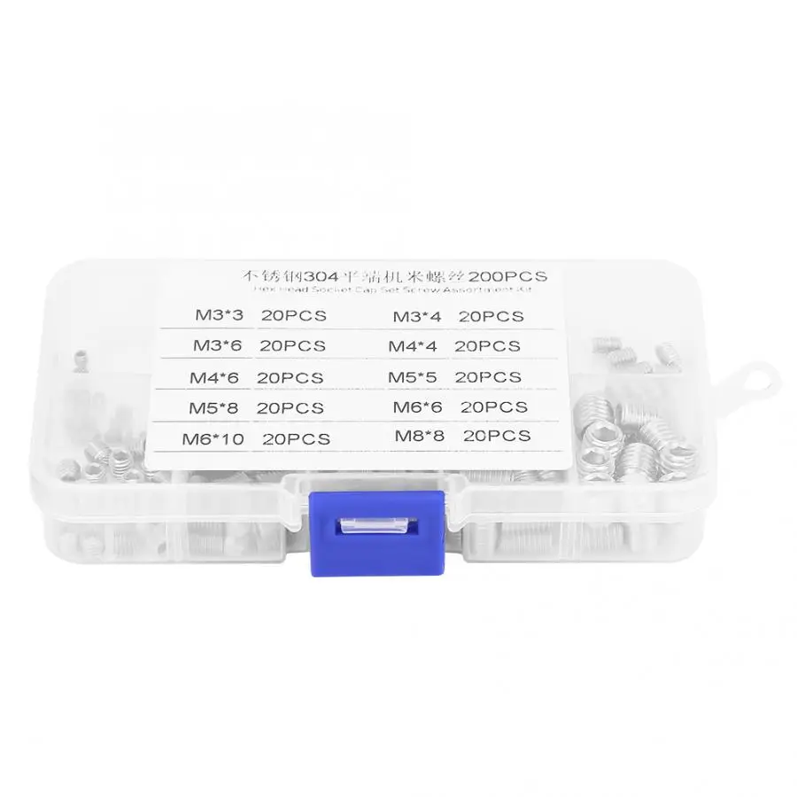 Набор винтов с шестигранной головкой 200 шт. 1 коробка M3* 3 \ M3* 4 \ M3* 6 \ M4* 4 \ M4* 6 \ M5* 5 \ M5* 8 \ M6* 6 \ M6* 10 \ M8* 8