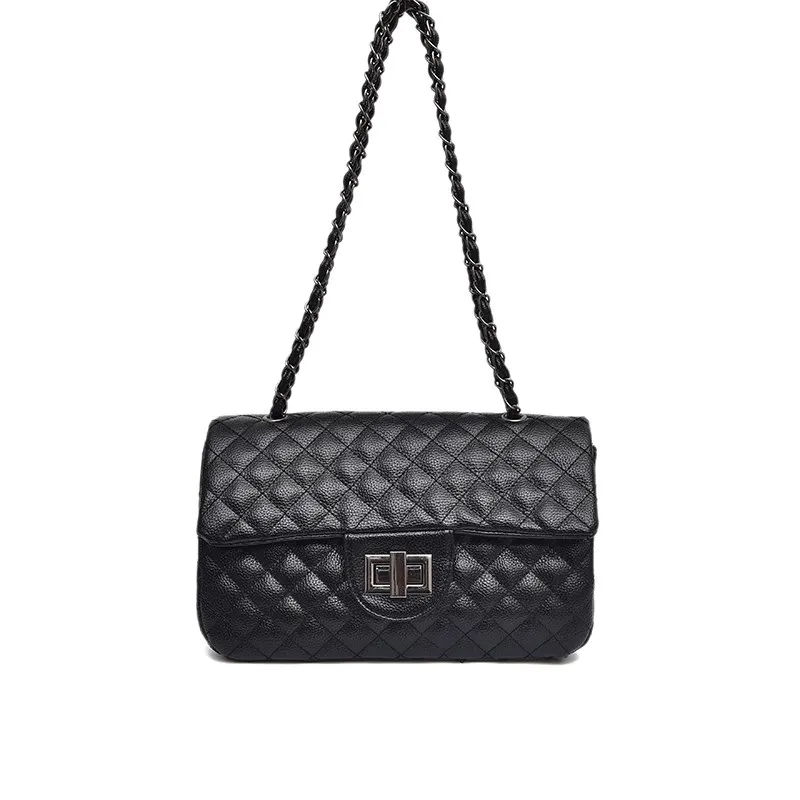 Женская сумка Большая вместительная кожаная кошелек черная стеганая через плечо