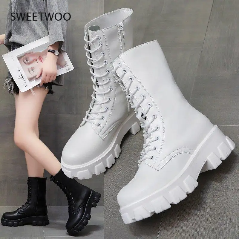 Fashion Boots Female Lace-up Chunky Heels Platform Mid-calf Women's Shoes 2021 Pu Leather Zipper Ladies Shoes Autumn Footwear