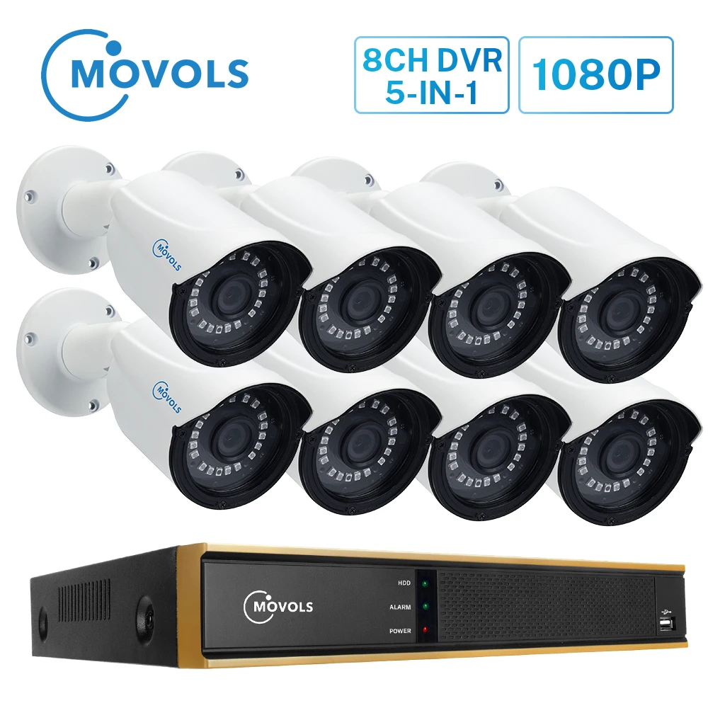 MOVOLS 1080P 8CH DVR 8PCS 2MP Night Vision Security Camera system Indoor/Outdoor CCTV KIt Waterproof Video Surveillance System