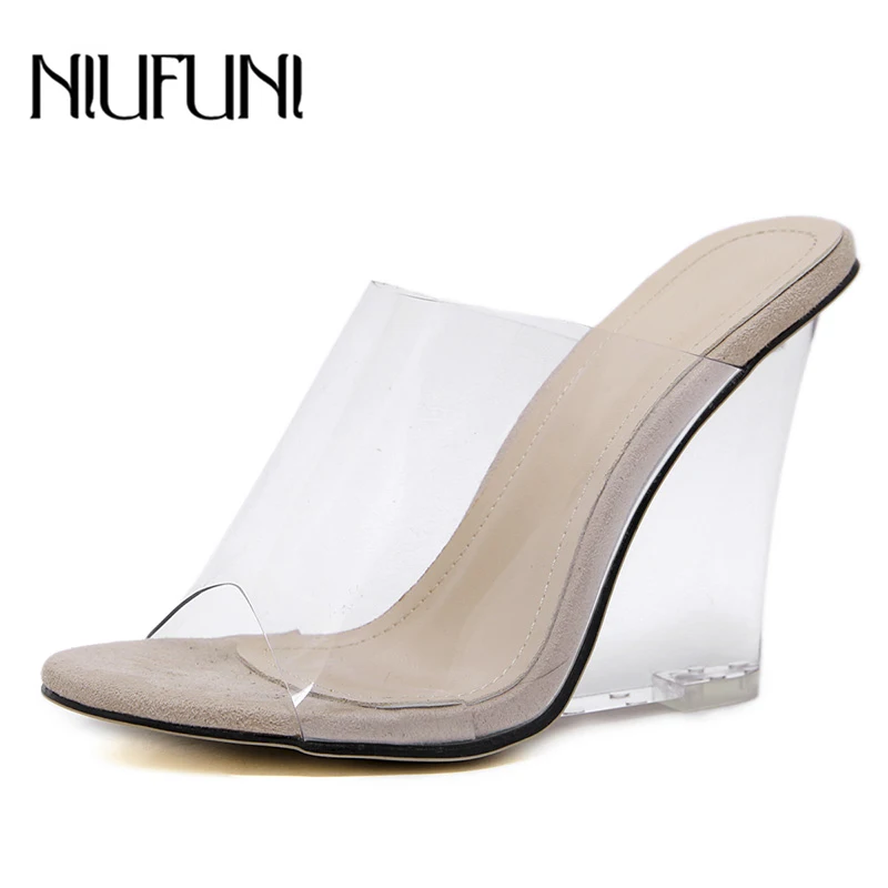 NIUFUNI Sexy Transparent Crystal Wedges Slippers 2022 Peep Toe Slip On Slides Shoes High Heels Women Sandals Jelly Shoes Pumps