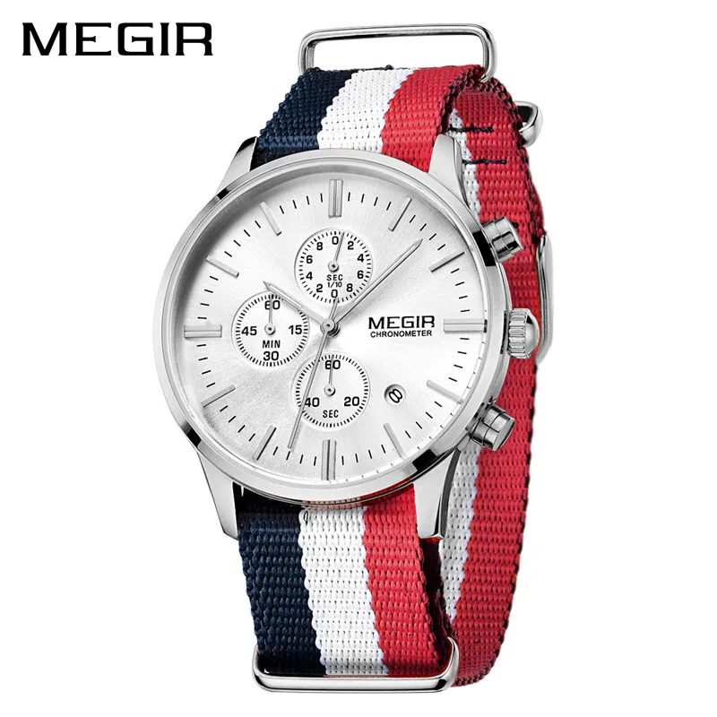 

Megir 6 hand Canvas Waterproof Analog Mens Watch Top Brand Luxury Date Quartz Casual Sport Wrist Watches Male Wristwatch Hodinky