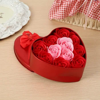 

Valentine's Day Lover Gift Rose Flower Artificial Soap Flowers Heart Shaped Tin Box Red Rose Flower Festive Party Supplies