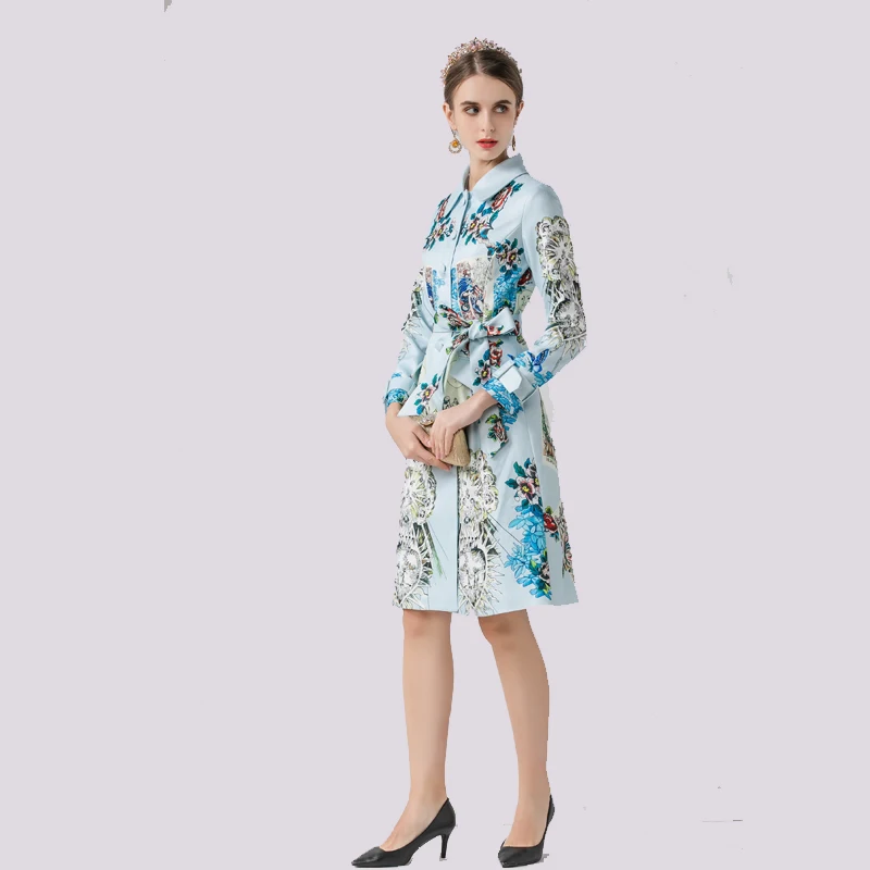 Модное шоу ropa mujer осенне-зимние пальто и куртки для женщин с длинным рукавом винтажный ремень Поддельные карманы печати feminina vestidos